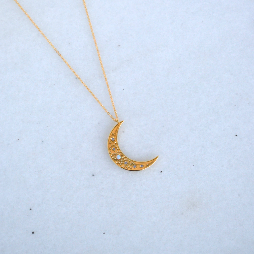 Opal Etched Crescent Moon Necklace